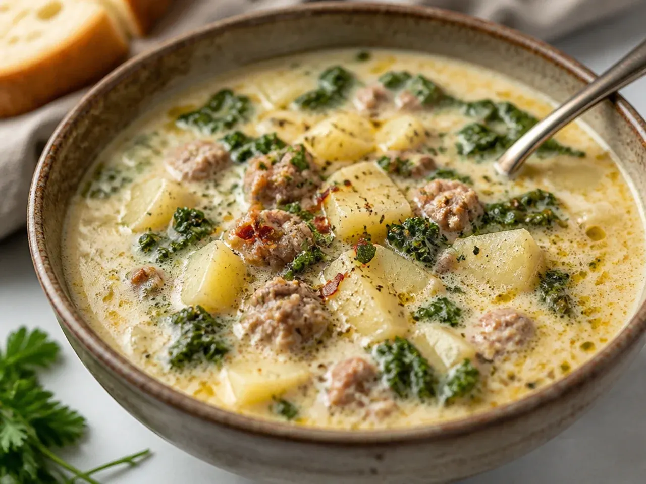 Overhead shot of a pot of healthy zuppa toscana soup simmering with sausage, kale, and potatoes