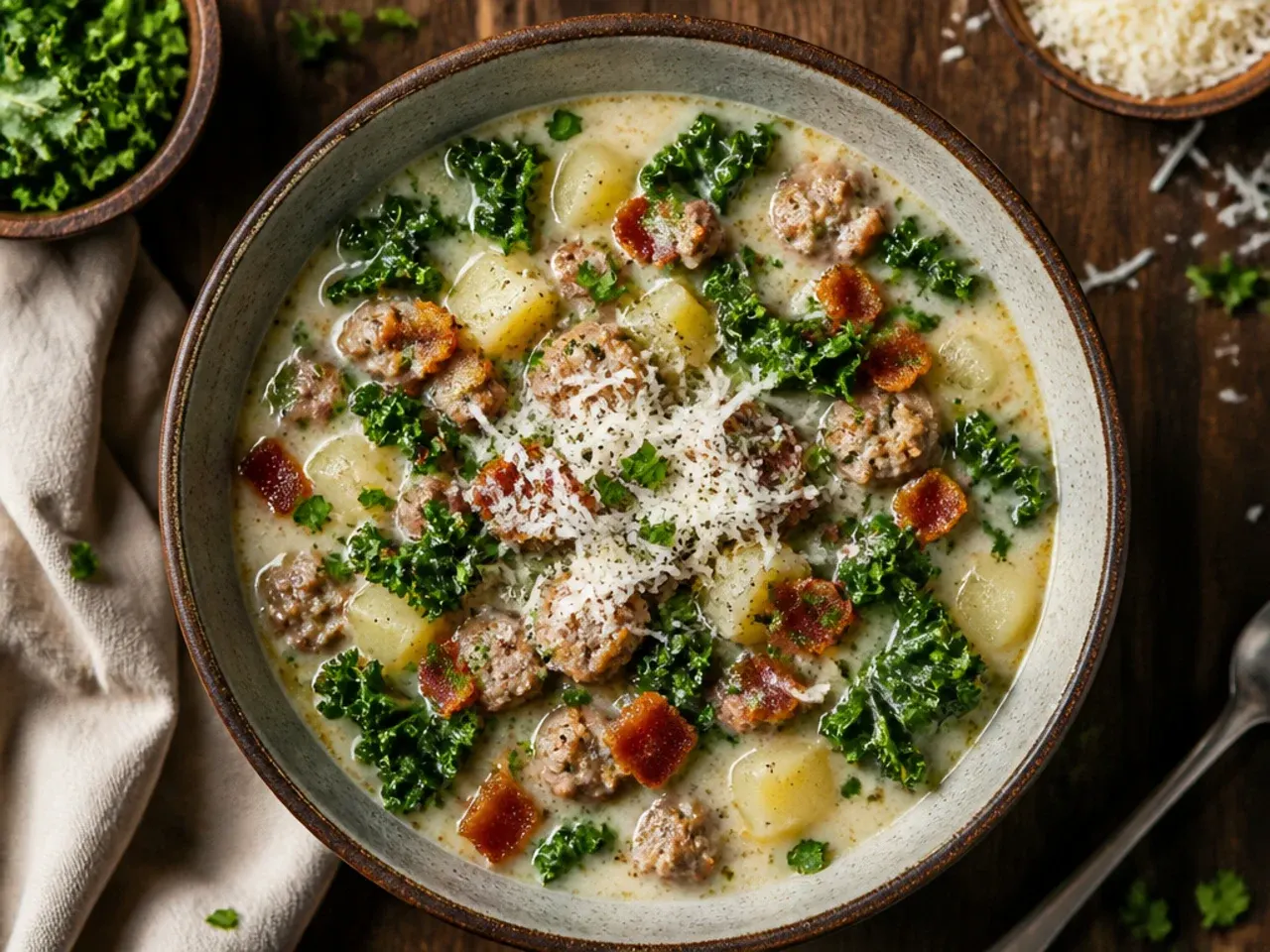Close-up of browned turkey sausage crumbles in a pot for classic healthy zuppa toscana soup