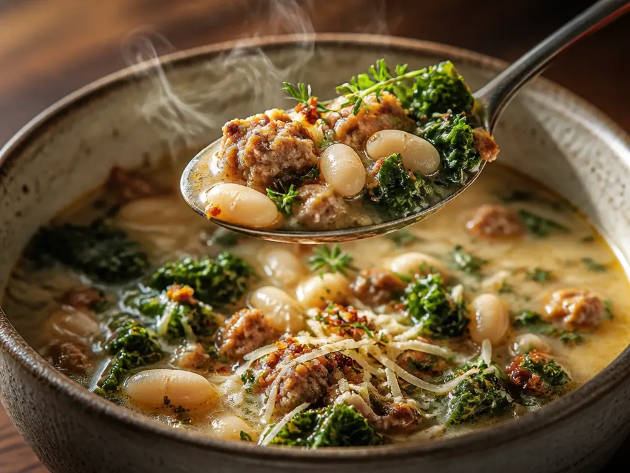 Bowl of zuppa toscana soup with visible cannellini beans, sausage, and kale