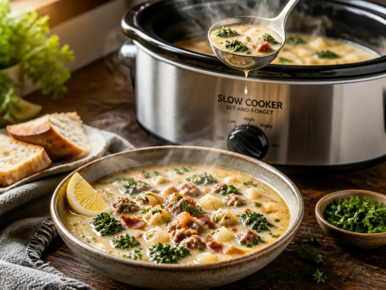 Slow cooker insert filled with zuppa toscana soup ingredients