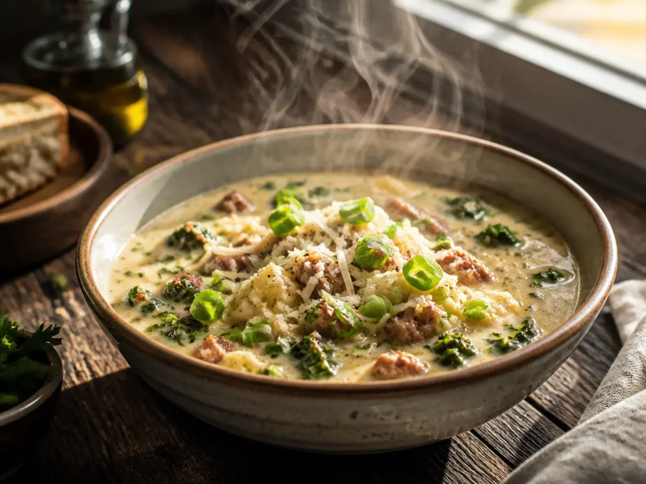 Blended cauliflower puree being stirred into a pot of zuppa toscana soup