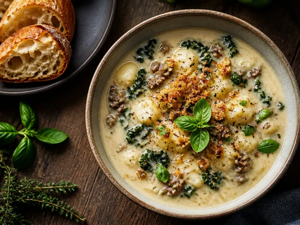 Skillet of simple five-ingredient zuppa toscana soup with sausage and potatoes