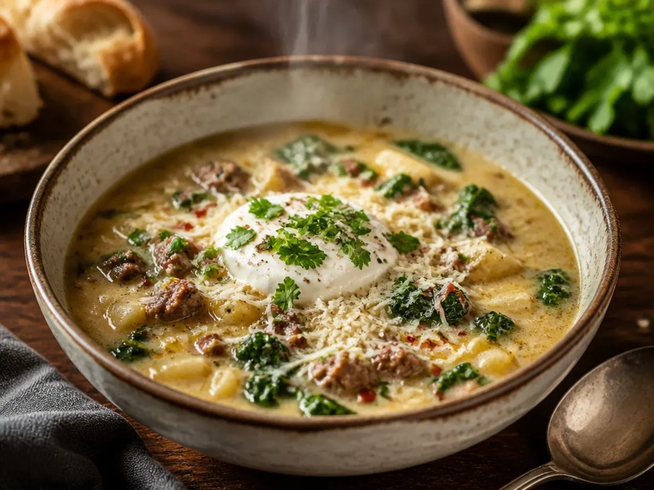 Bowl of zuppa toscana soup topped generously with grated Parmesan cheese