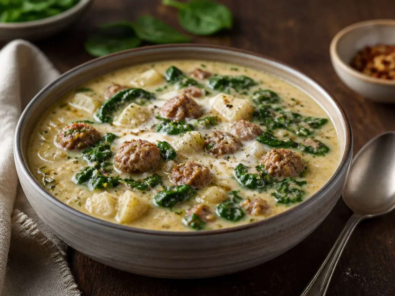Pot of zuppa toscana soup with wilted spinach and chicken sausage