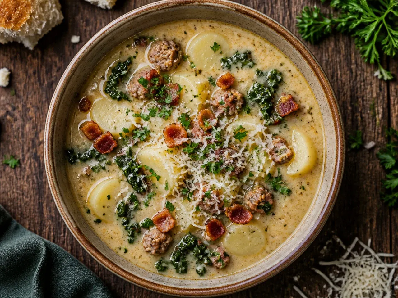 Close-up of smoked bacon lardons and diced potatoes in zuppa toscana soup