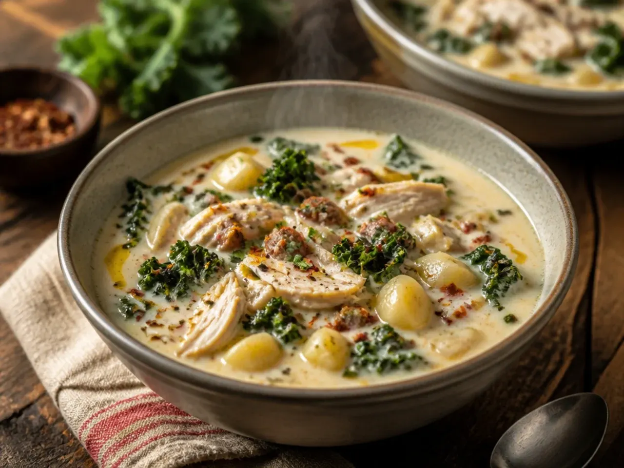 Shredded rotisserie chicken being stirred into a quick weeknight zuppa toscana soup