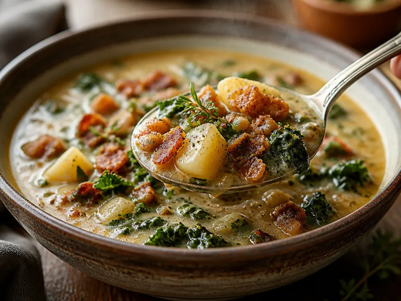 Rustic bowl of zuppa toscana soup with lentils, sausage, and kale