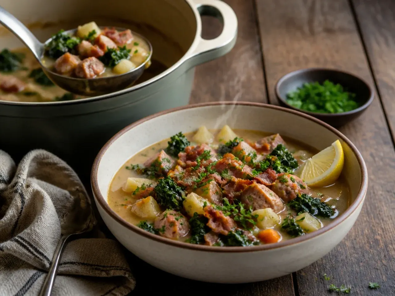 Loaded zuppa toscana soup with sausage, bacon, carrot, and celery in a rustic bowl