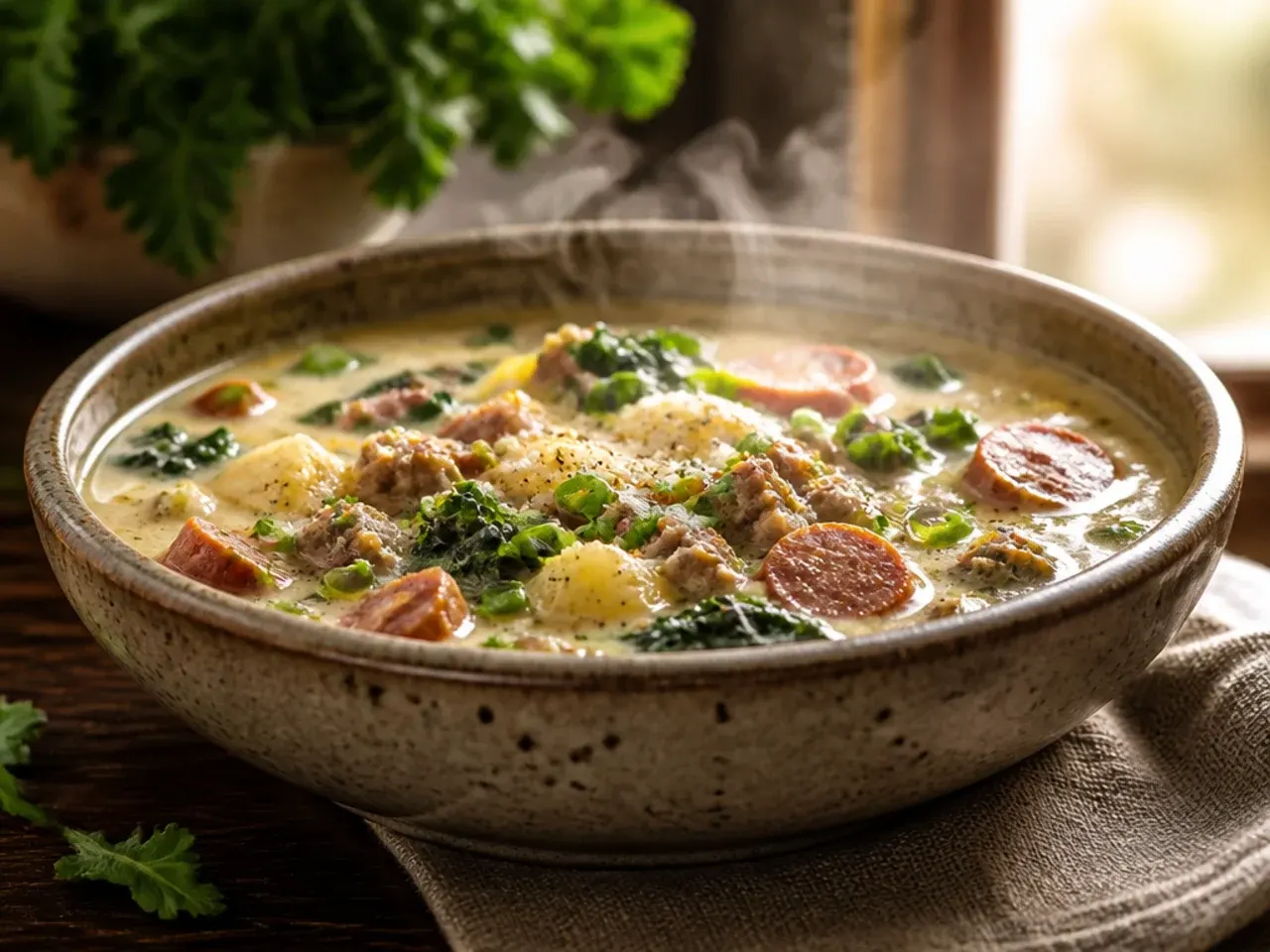 Large stockpot filled with a double batch of family-size zuppa toscana soup