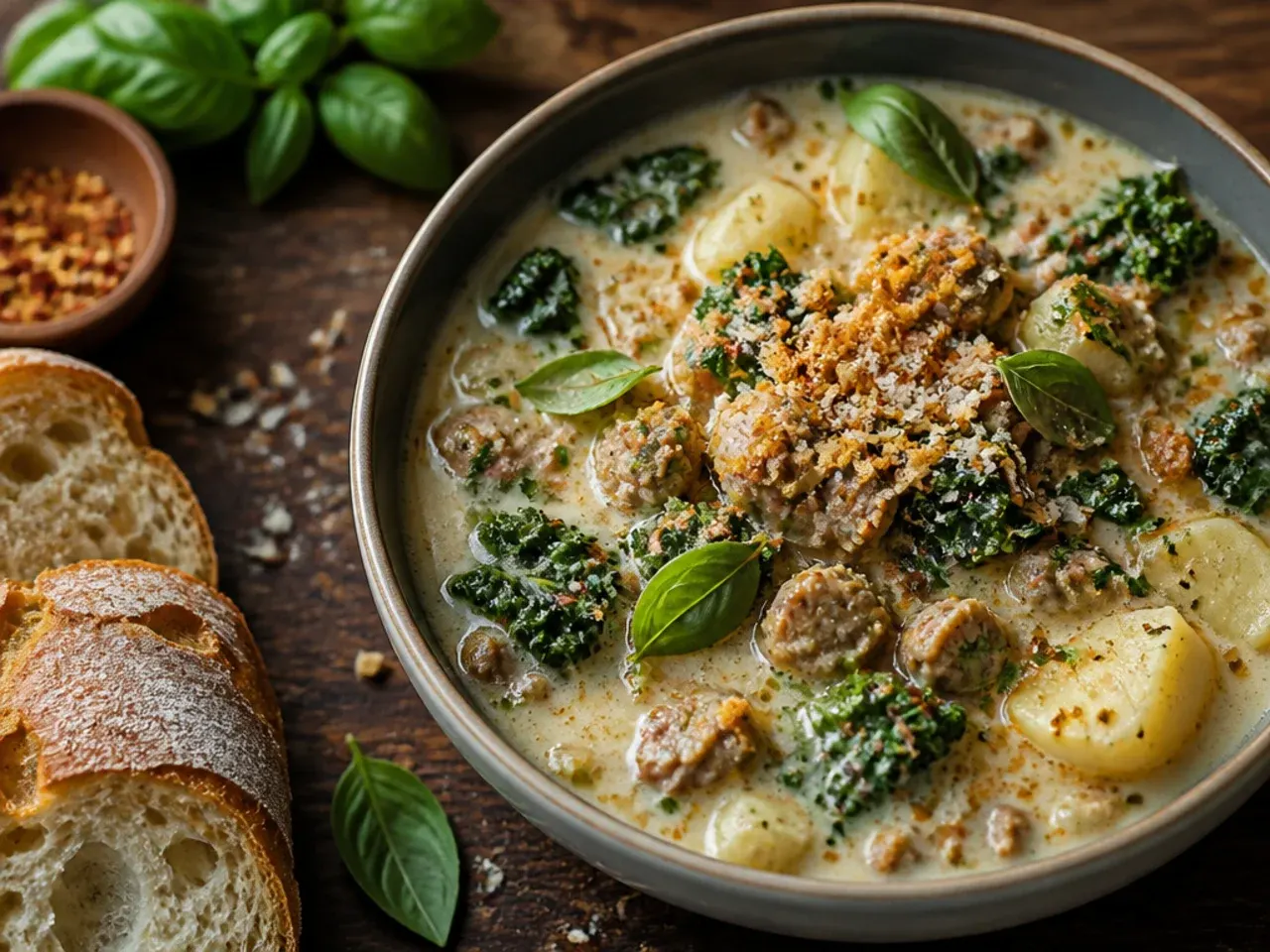 Creamy restaurant-style zuppa toscana soup in a white bowl with a spoon
