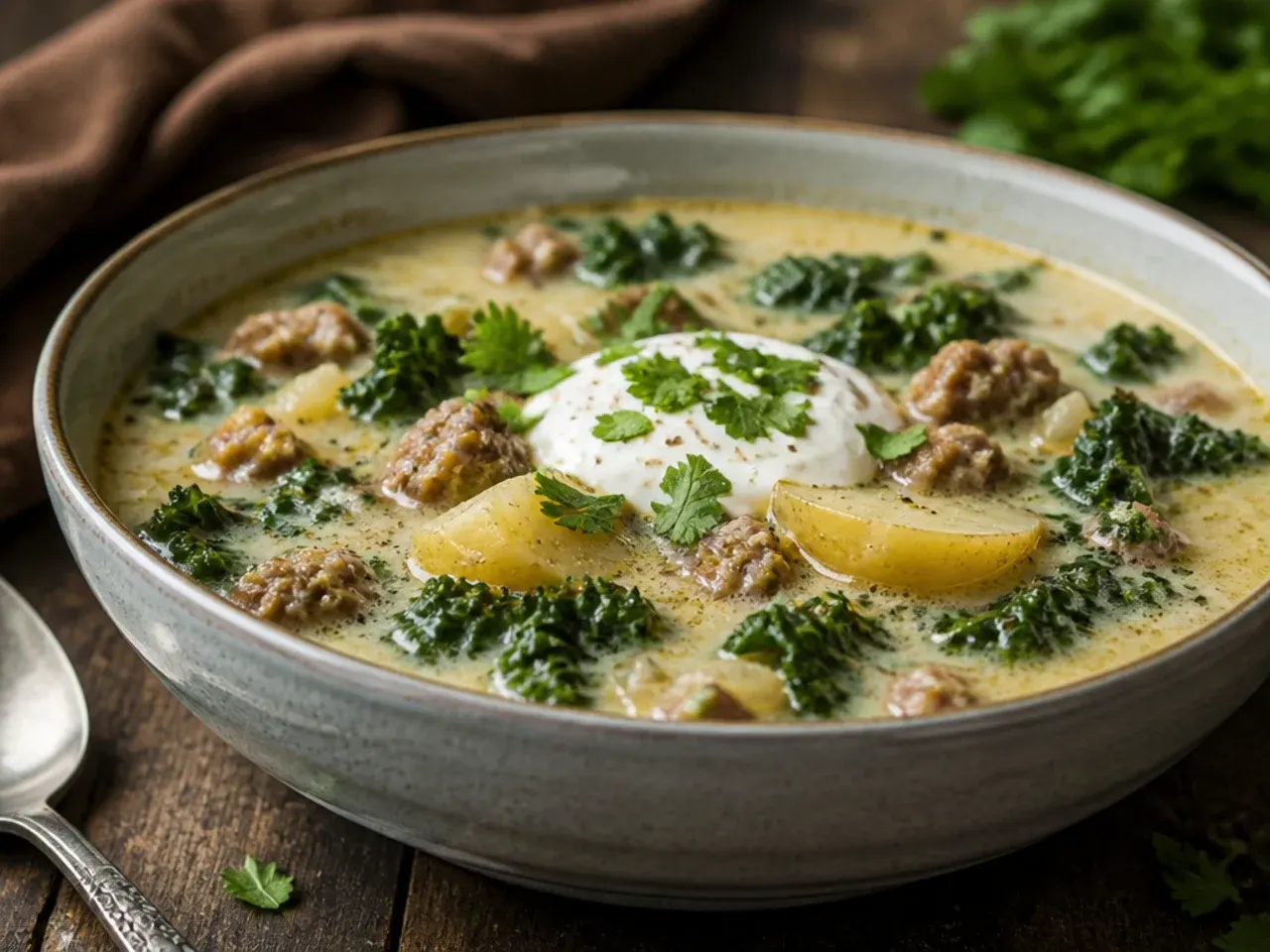 Dutch oven of one-pot zuppa toscana soup with a wooden spoon resting on the rim