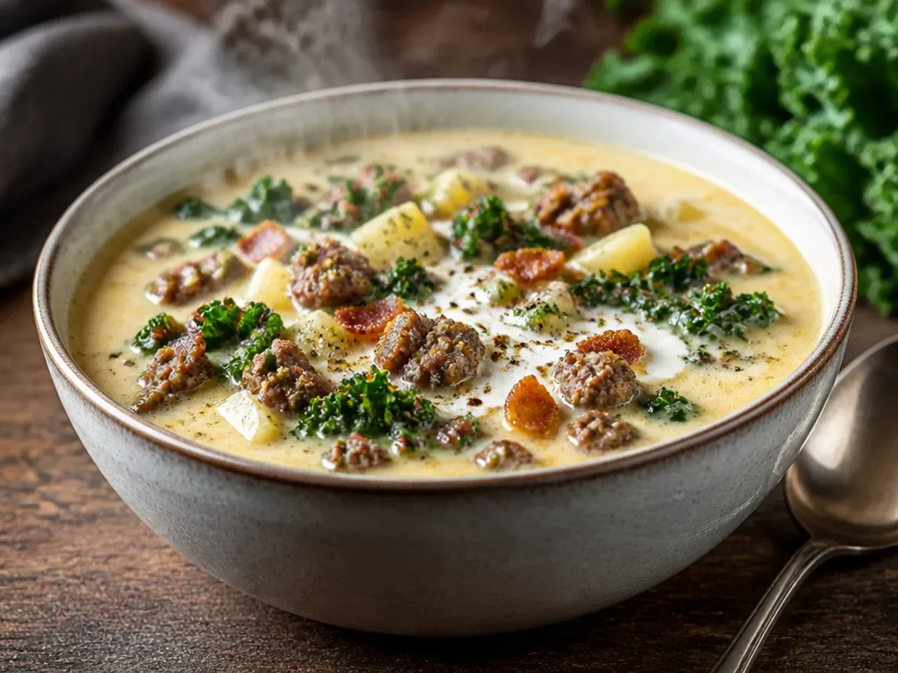 Tin of light coconut milk being poured into a pot of dairy-free zuppa toscana soup