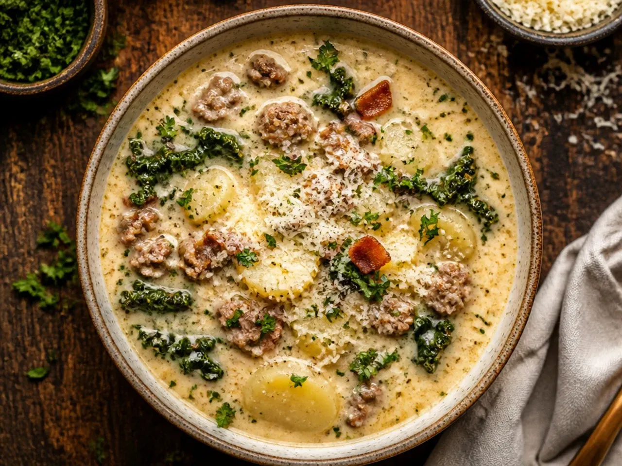 Tray of roasted diced potatoes next to a pot of zuppa toscana soup
