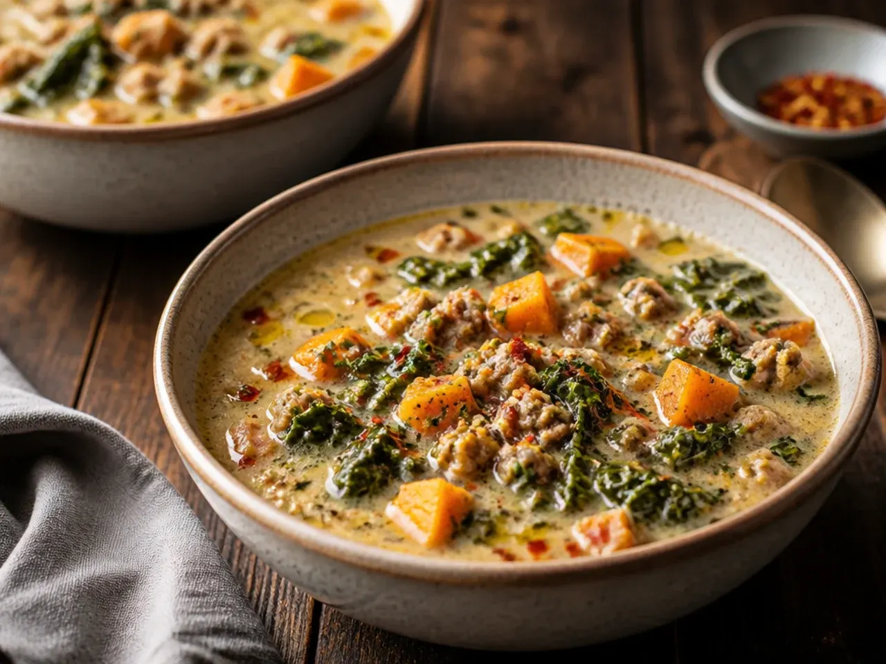 Bowl of zuppa toscana soup made with orange sweet potato chunks and kale