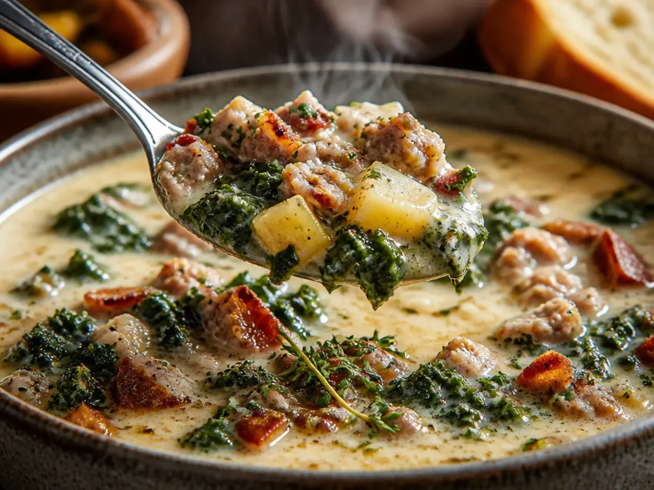 Pot of zuppa toscana soup gently simmering on the stovetop on a lazy Sunday afternoon