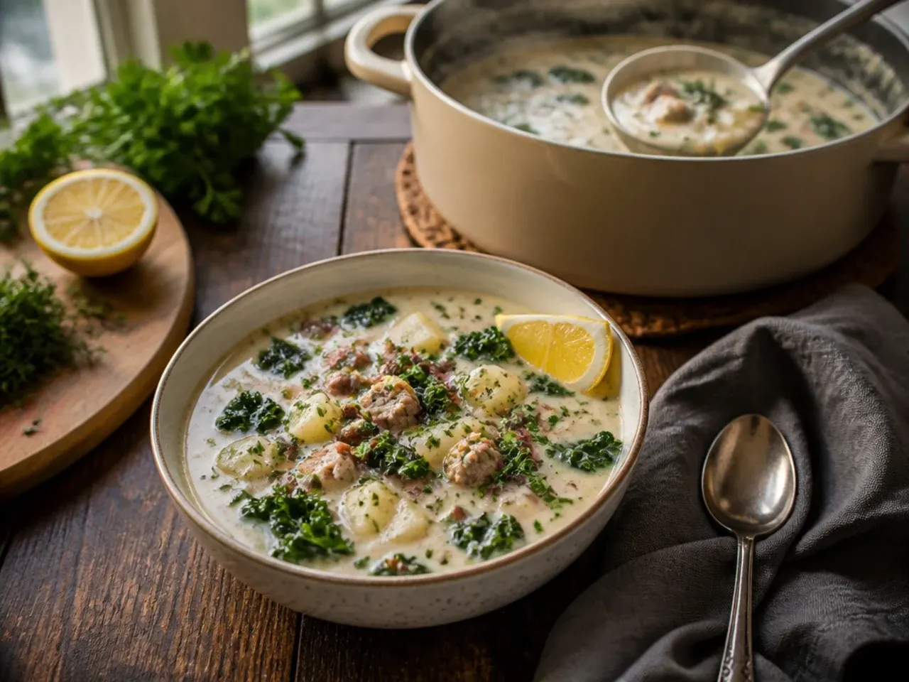 Spoonful of Greek yogurt being stirred into a creamy pot of zuppa toscana soup