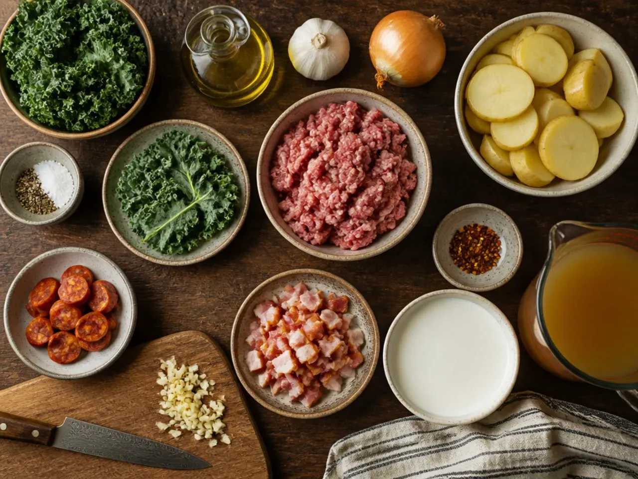 Close-up of hands stirring healthy zuppa toscana soup with a wooden spoon