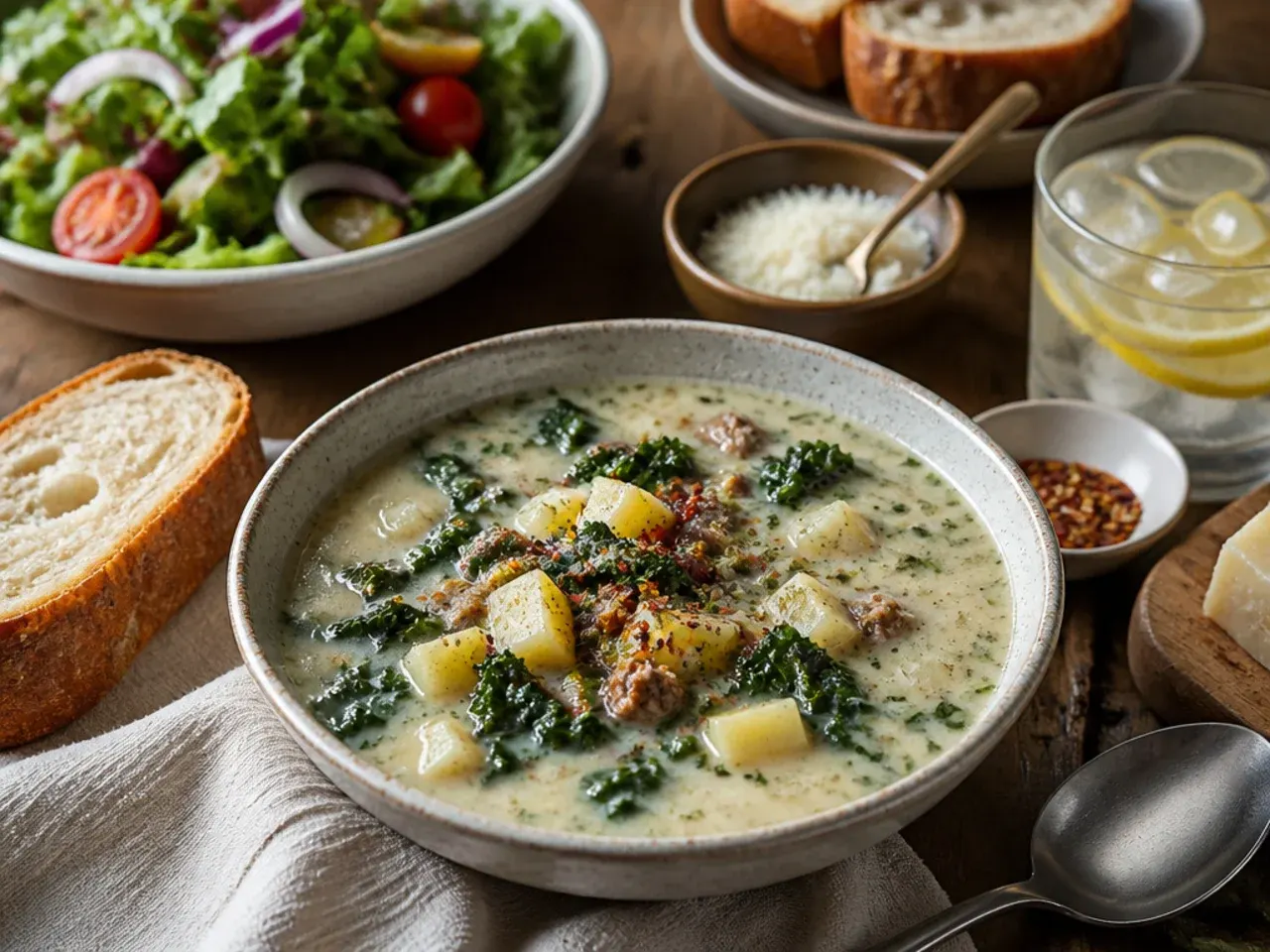Two bowls of healthy zuppa toscana soup served with crusty bread and a side salad