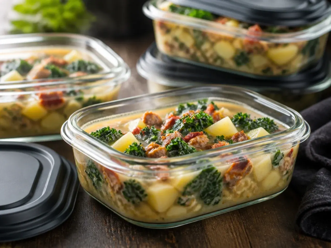 Glass container of leftover zuppa toscana soup ready to be stored in the fridge