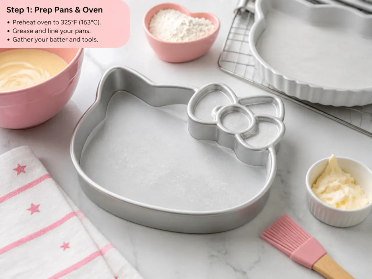 hello kitty bento cake — step 1: prep pans and oven