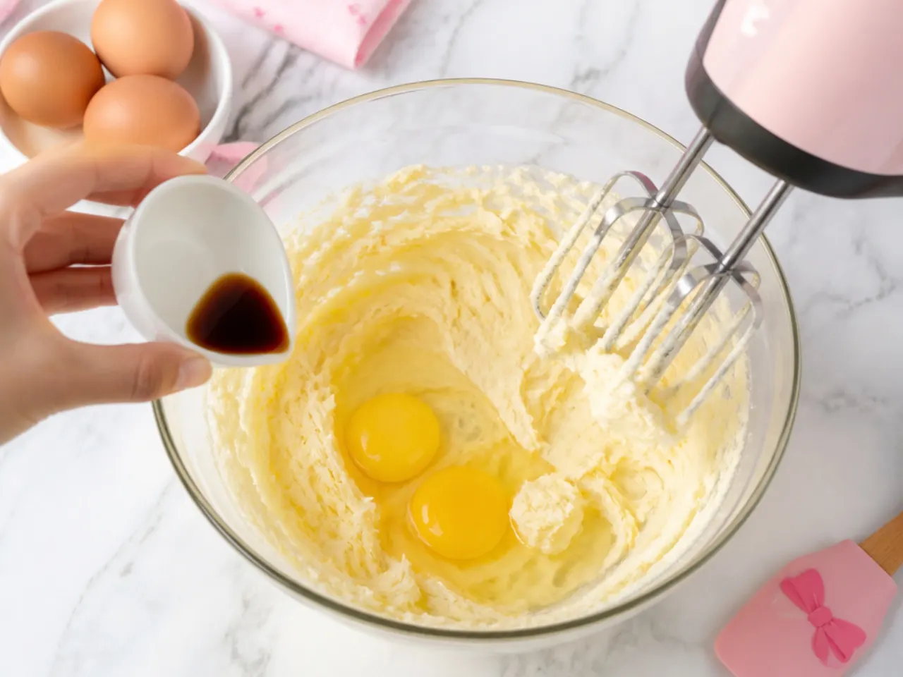 hello kitty bento cake — step 3: add eggs and vanilla