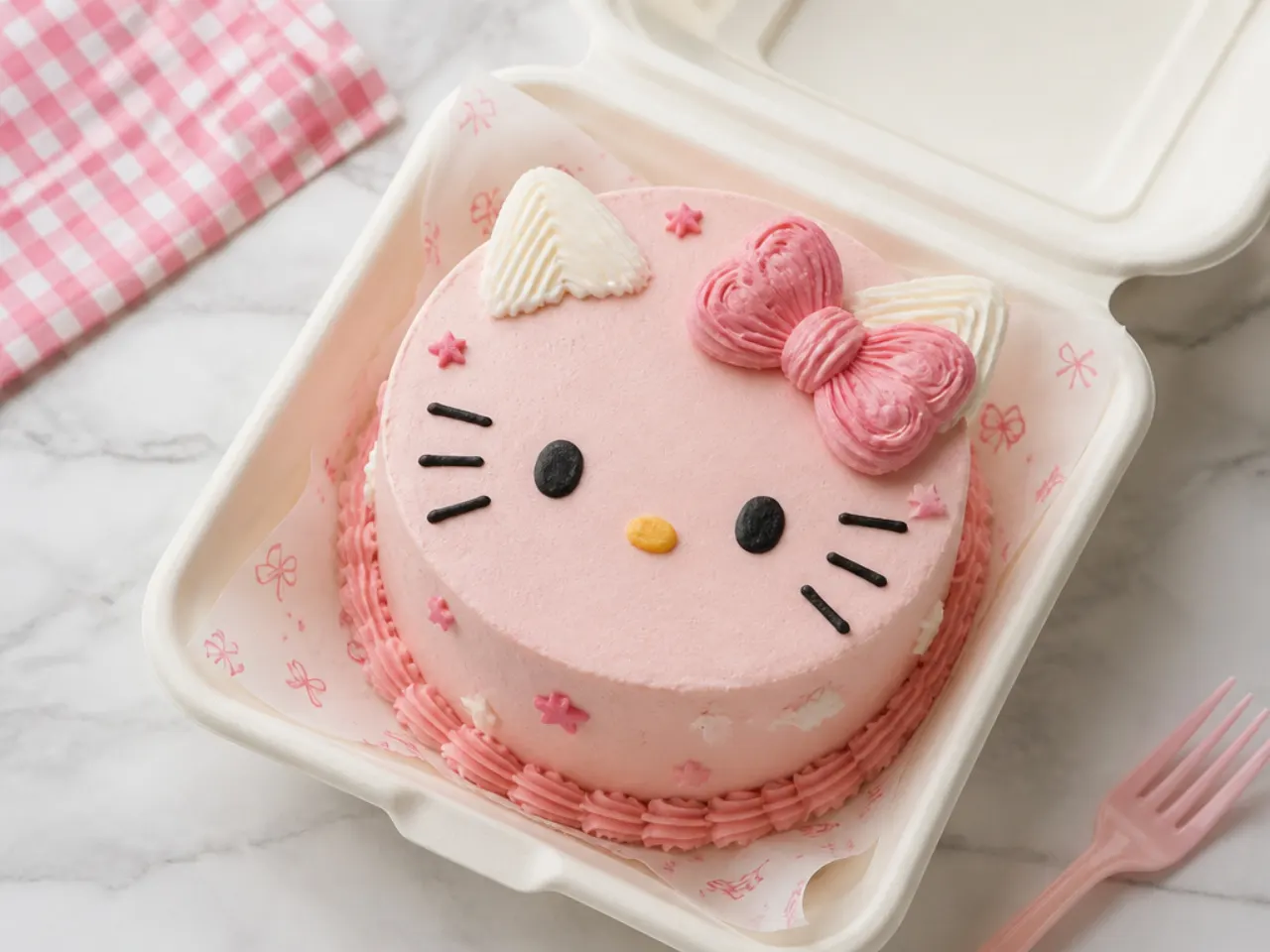 Classic pink Hello Kitty bento cake with white buttercream and a piped bow