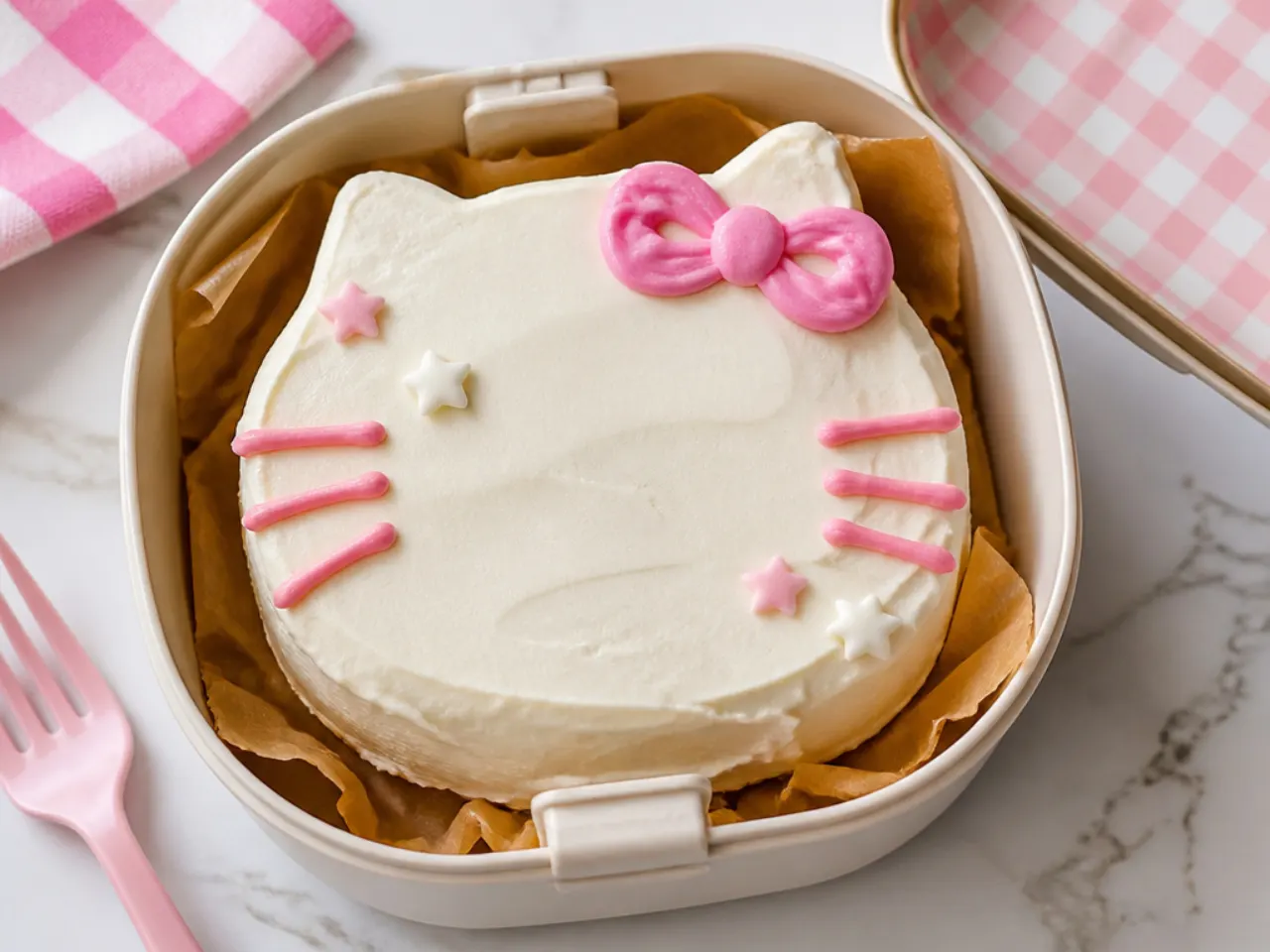 Easy 20-minute Hello Kitty bento cake made with boxed mix and canned frosting