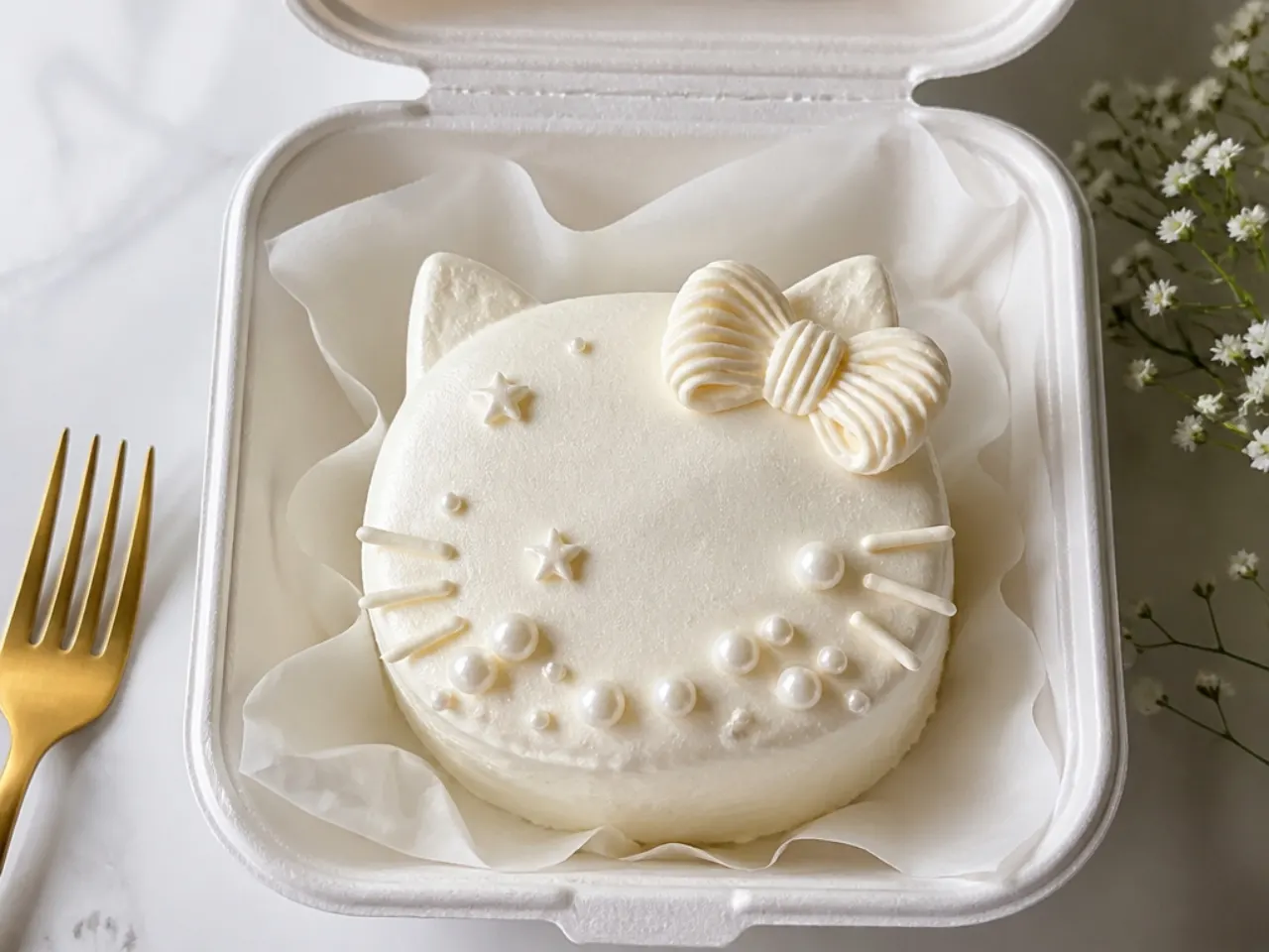 Elegant white-on-white Hello Kitty bento cake with pearl luster and piped bow