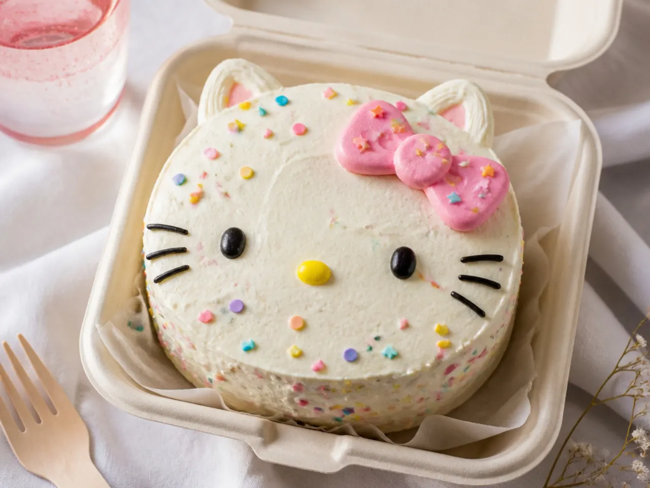 Playful funfetti Hello Kitty bento cake with sprinkles and a pink bow