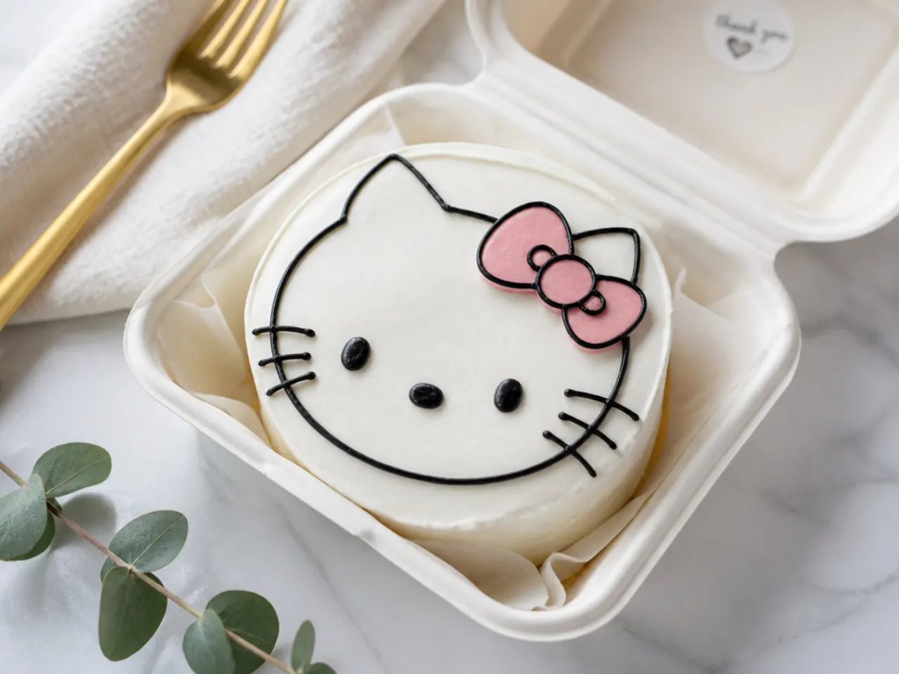 Modern minimalist line-art Hello Kitty bento cake with black outline piping