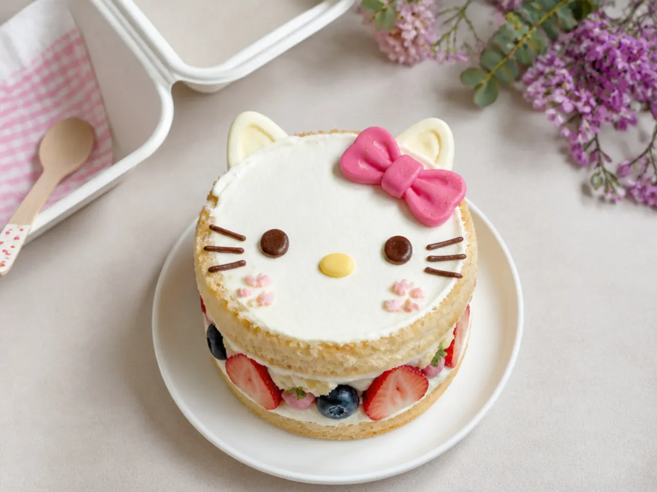 Rustic semi-naked Hello Kitty bento cake with exposed sponge and fresh berries