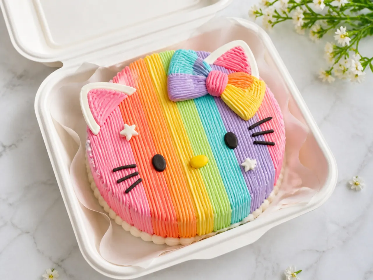 Colorful rainbow-bow Hello Kitty bento cake with striped buttercream piping
