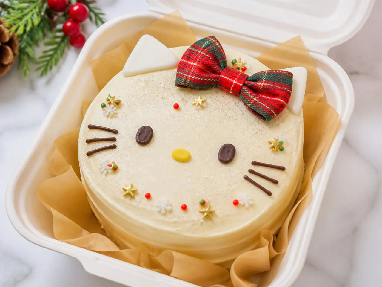 Festive Christmas Hello Kitty bento cake with a plaid bow and edible glitter snow