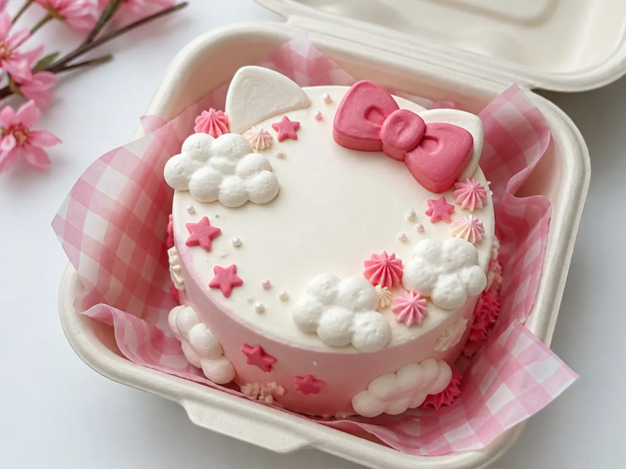 Whimsical Hello Kitty bento cake with piped clouds, stars, and a pink bow