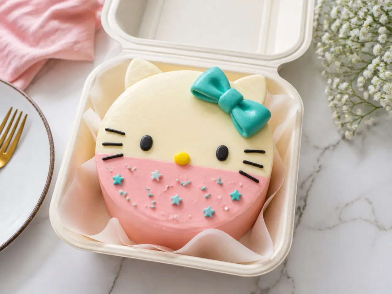 Bold color-block Hello Kitty bento cake with two-tone buttercream and teal bow