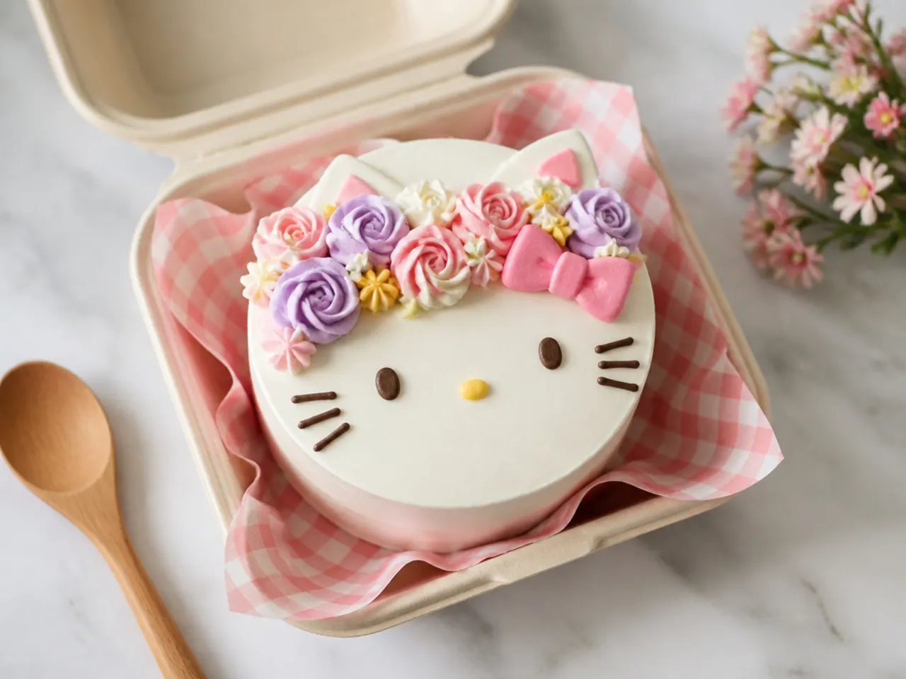 Delicate Hello Kitty bento cake with a piped buttercream flower crown