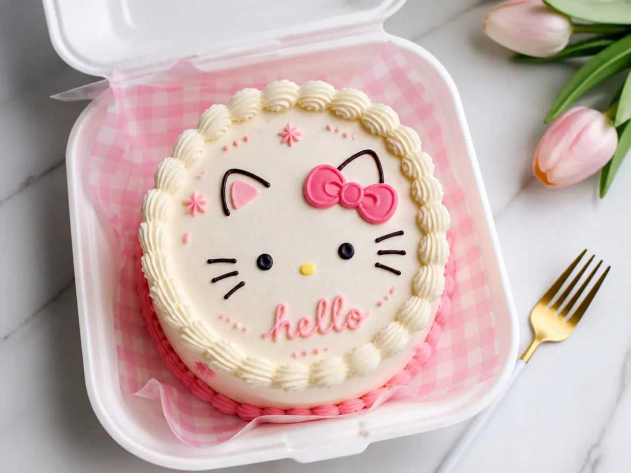 Vintage Lambeth-style Hello Kitty bento cake with scalloped piped borders