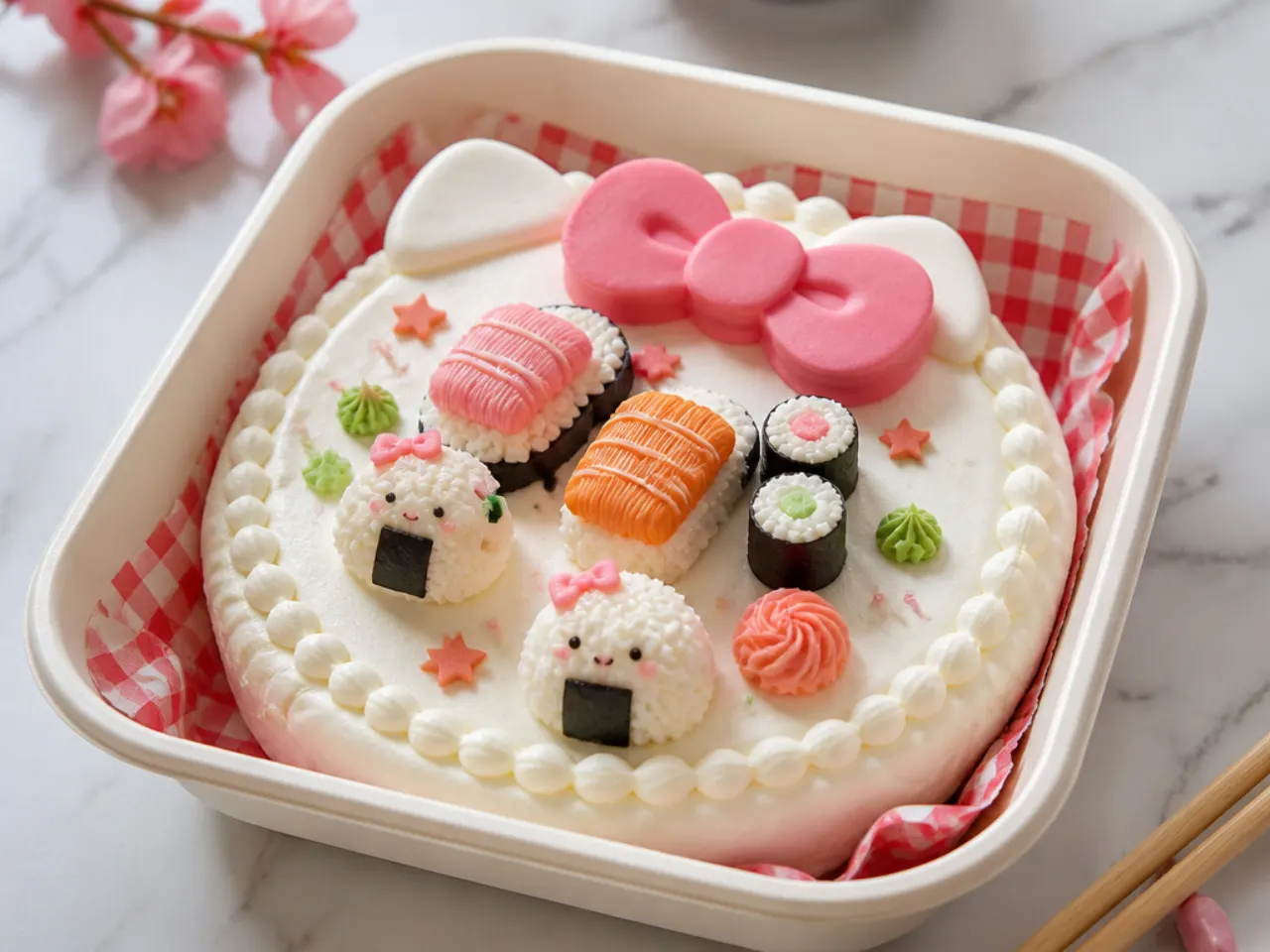 Creative Hello Kitty bento cake decorated with buttercream sushi and rice-ball accents