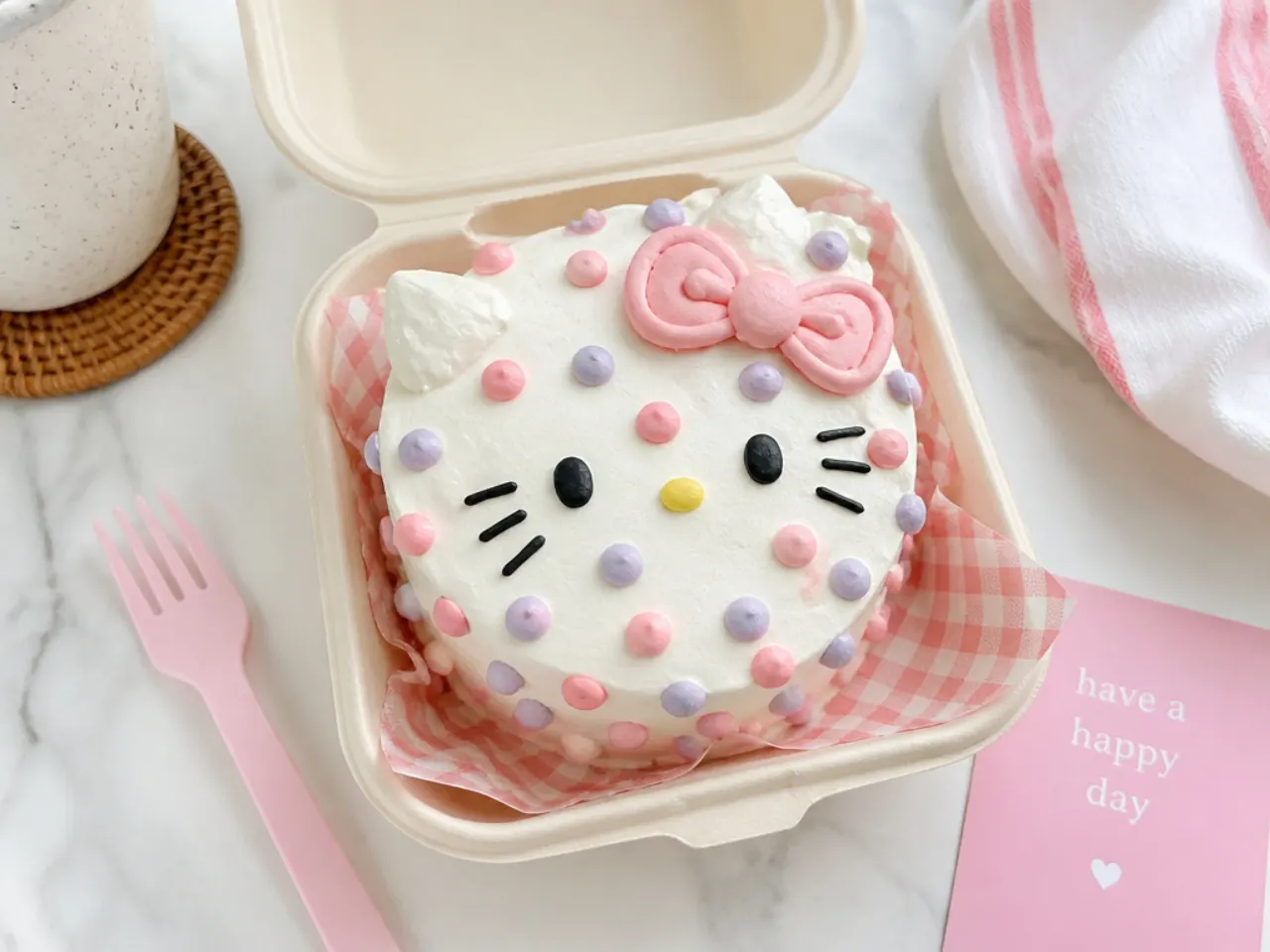 Charming polka-dot Hello Kitty bento cake with pastel piped dots