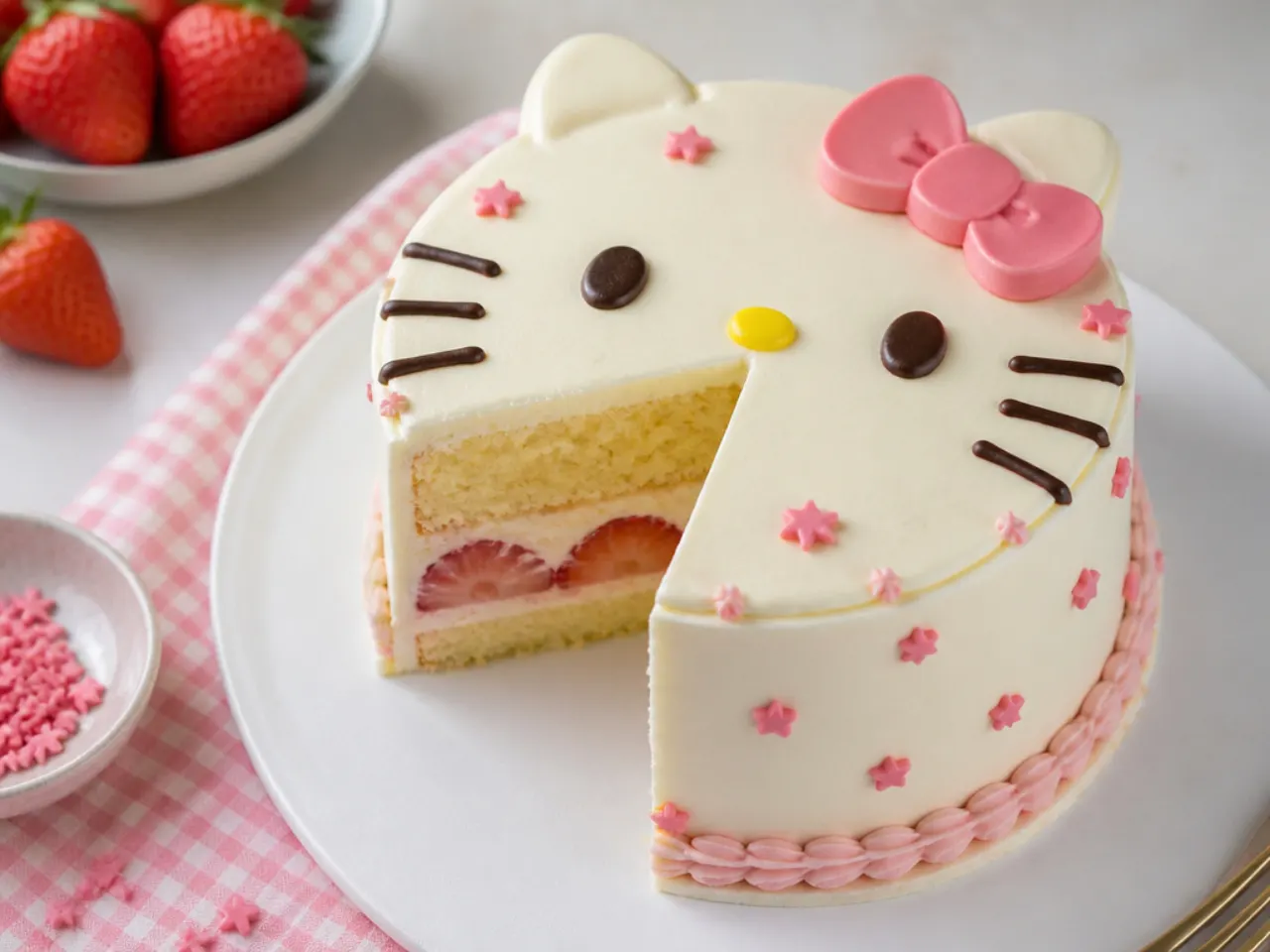 Classic strawberry-filled Hello Kitty bento cake sliced to show the fruit layer