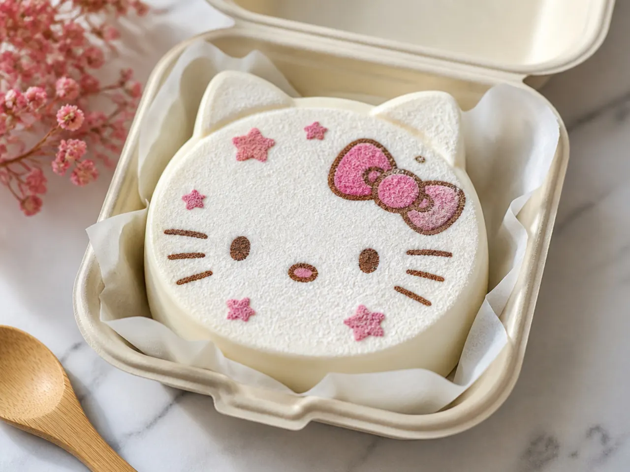 Easy no-pipe Hello Kitty bento cake decorated with a dusted stencil design