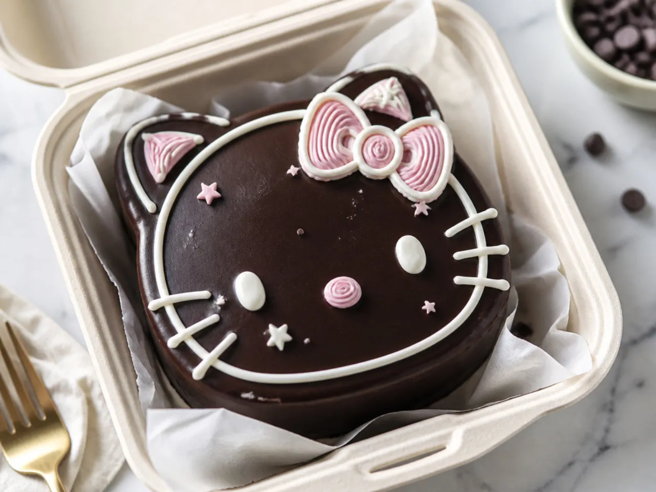 Elegant dark chocolate ganache Hello Kitty bento cake with white piped face