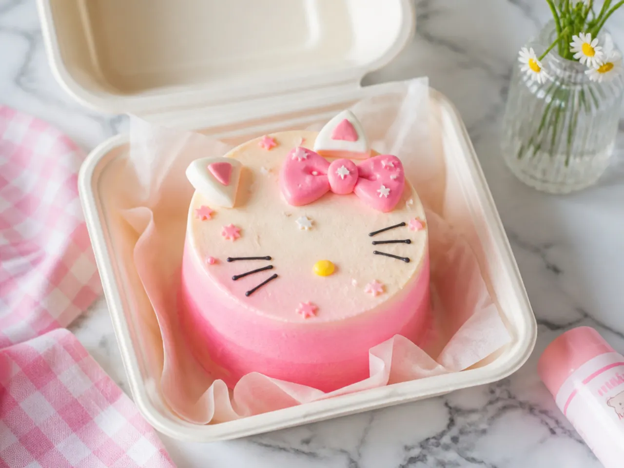Playful pink ombre Hello Kitty bento cake with a graduated blended finish