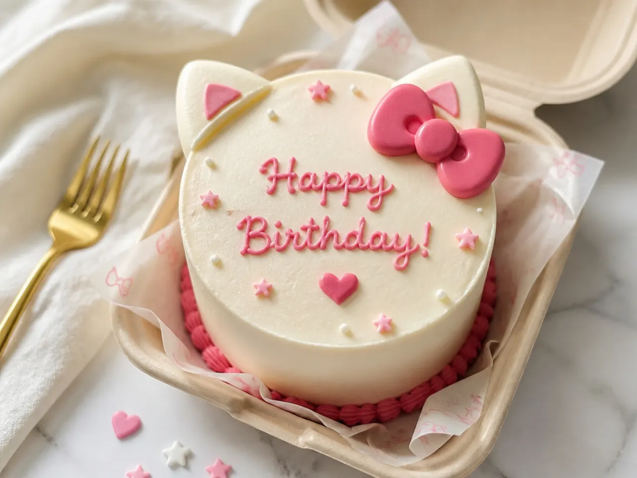 Modern Hello Kitty bento cake with a piped birthday message and corner bow