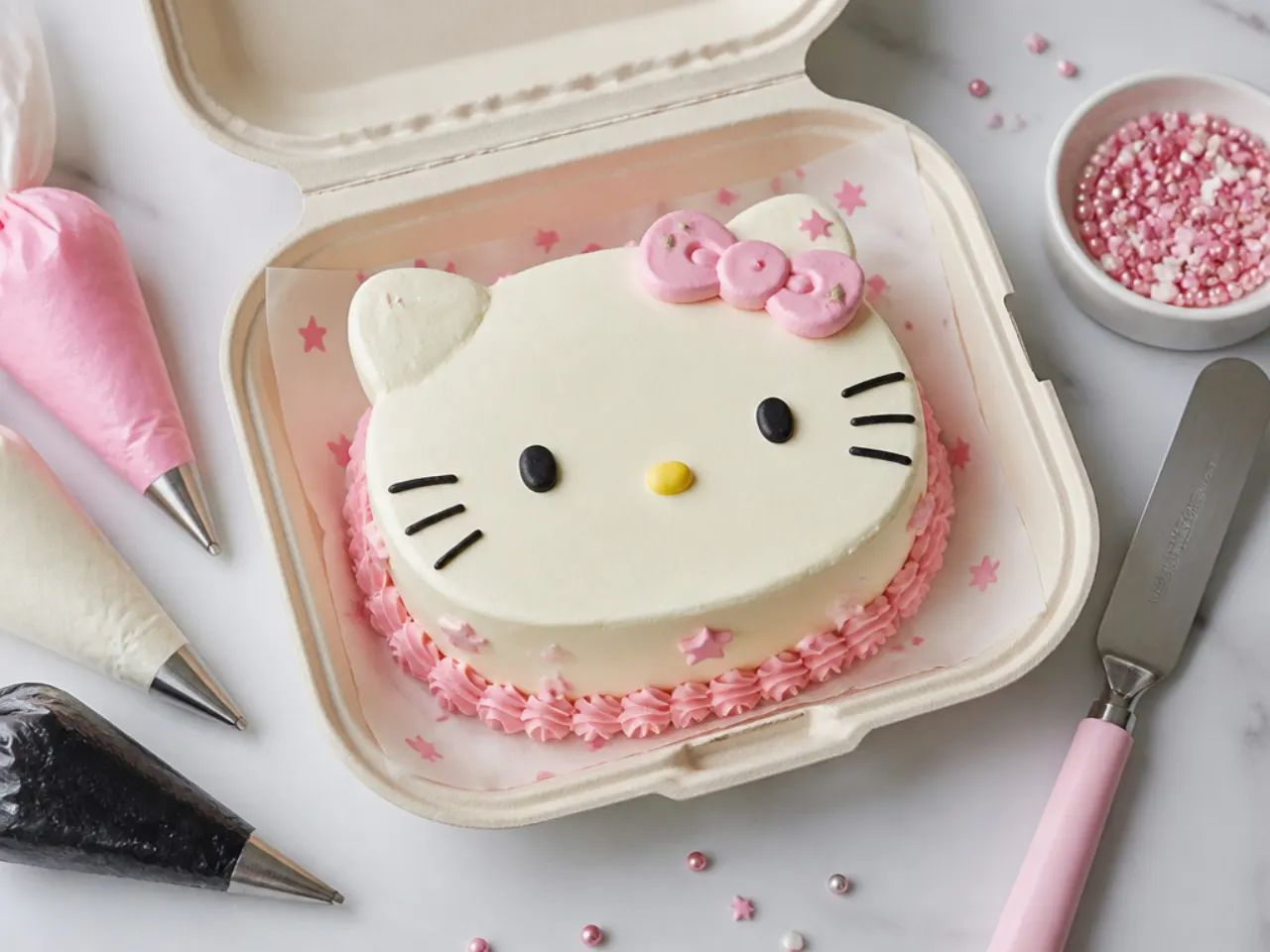 Decorating tips for making a Hello Kitty bento cake with piping bags and spatula