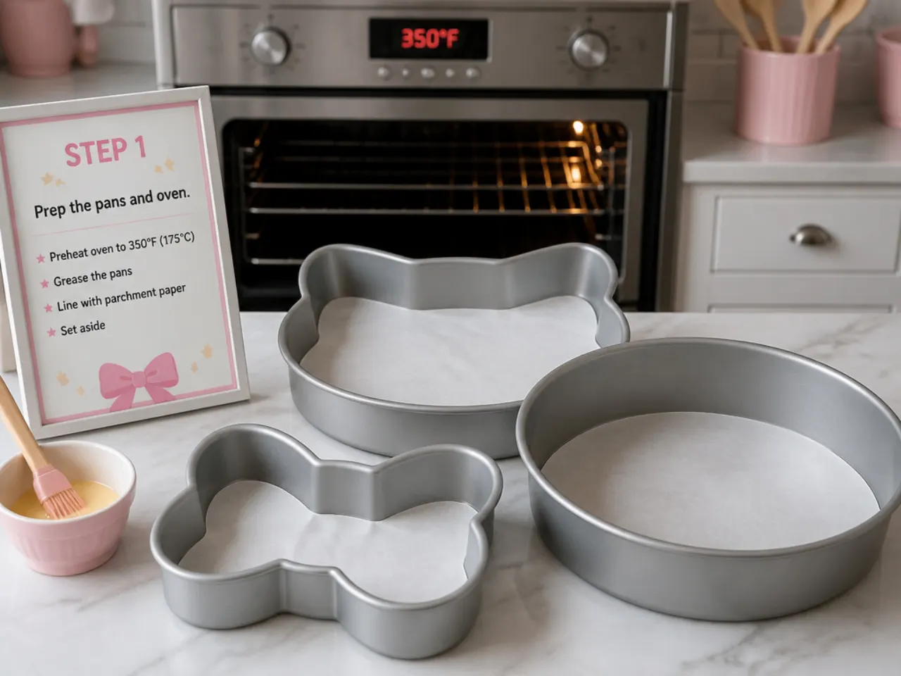 hello kitty birthday cake — step 1: prep the pans and oven