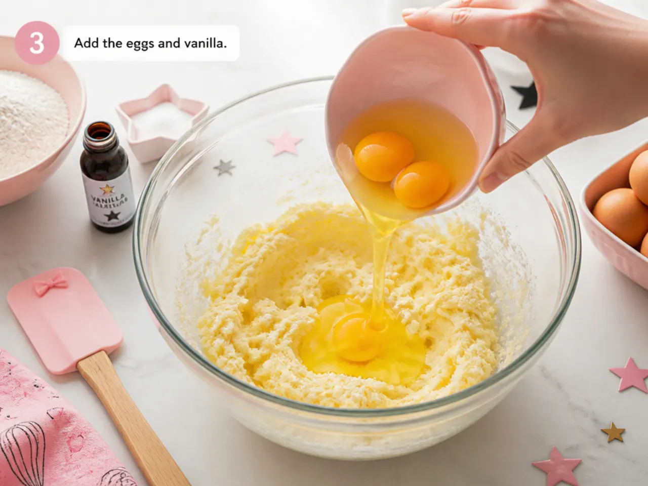 hello kitty birthday cake — step 3: add the eggs and vanilla