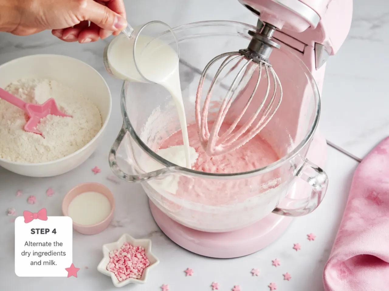 hello kitty birthday cake — step 4: alternate the dry ingredients and milk