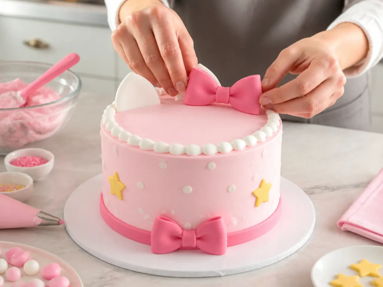 hello kitty birthday cake — step 7: assemble and decorate