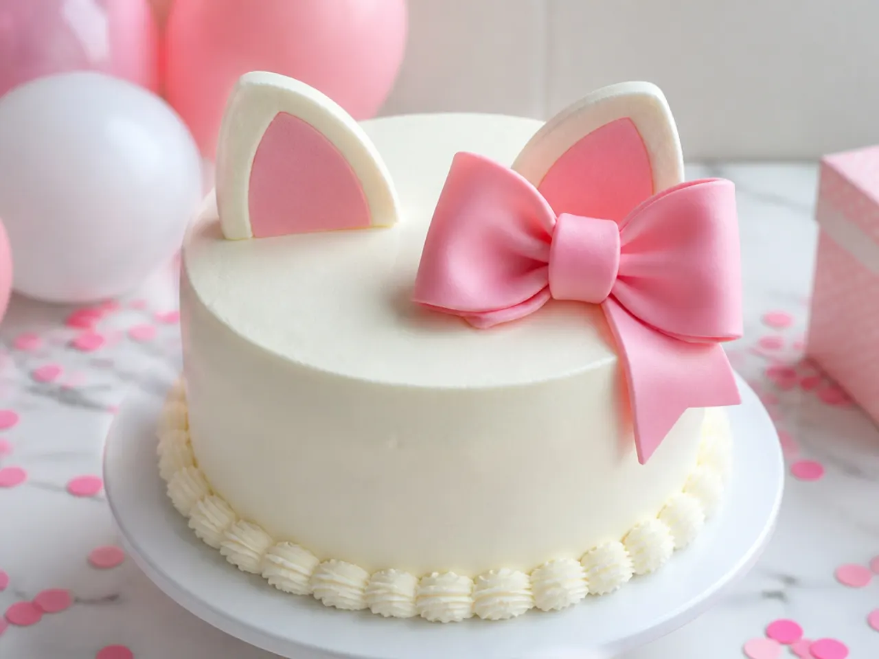 Classic Hello Kitty birthday cake with white buttercream and a large pink fondant bow